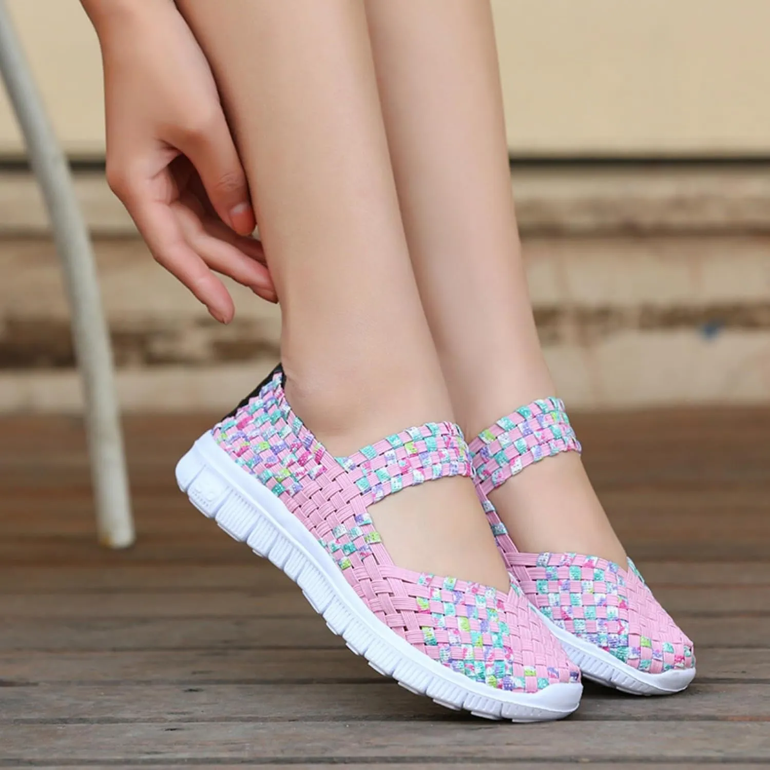 Womens Hand Elastic Woven Walking Flats Sandals Non Slip Mary Jane Shoes Sneakers Casual Fashion Comfortable Slip on Nurse Shoes Lightweight Breathable Platform Wedge Sandals Outdoor Running Loafers