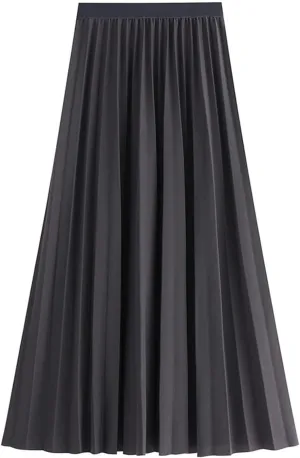 Womens High Elastic Waist Pleated Midi Skirt Chic Flowy Swing Long A-line Skirt