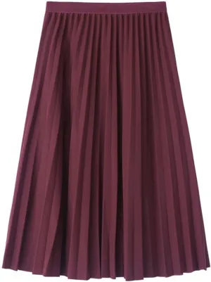 Womens High Elastic Waist Pleated Midi Skirt Chic Flowy Swing Long A-line Skirt