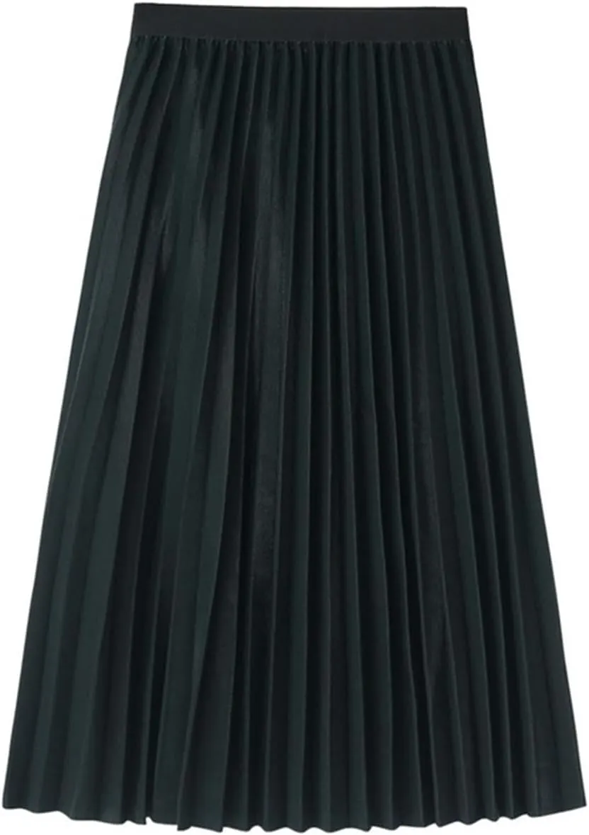 Womens High Elastic Waist Pleated Midi Skirt Chic Flowy Swing Long A-line Skirt