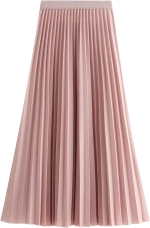 Womens High Elastic Waist Pleated Midi Skirt Chic Flowy Swing Long A-line Skirt