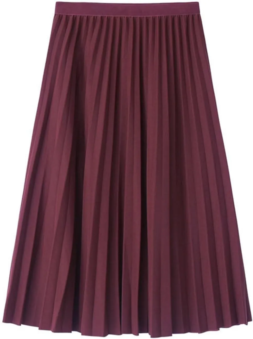 Womens High Elastic Waist Pleated Midi Skirt Chic Flowy Swing Long A-line Skirt