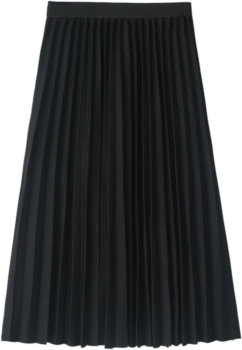 Womens High Elastic Waist Pleated Midi Skirt Chic Flowy Swing Long A-line Skirt