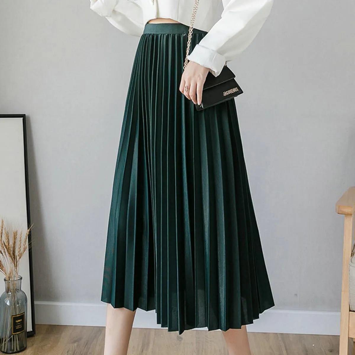 Womens High Elastic Waist Pleated Midi Skirt Chic Flowy Swing Long A-line Skirt