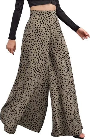 Women's High Waist Pants Loose Casual Leopard Print Trousers Stretchy Comfortable Wide Leg Pants with Swinging Legs