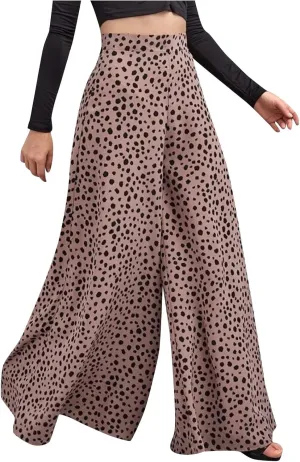 Women's High Waist Pants Loose Casual Leopard Print Trousers Stretchy Comfortable Wide Leg Pants with Swinging Legs