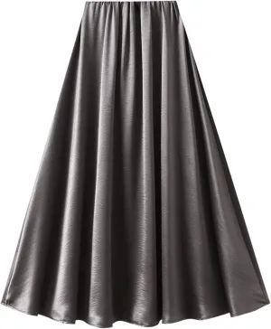 Women's High-Waisted Satin A-Line Pleated Skirt Midi Summer Skirt for Wedding Guest Office Party Casual Outfits