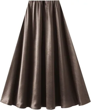 Women's High-Waisted Satin A-Line Pleated Skirt Midi Summer Skirt for Wedding Guest Office Party Casual Outfits