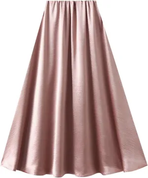 Women's High-Waisted Satin A-Line Pleated Skirt Midi Summer Skirt for Wedding Guest Office Party Casual Outfits