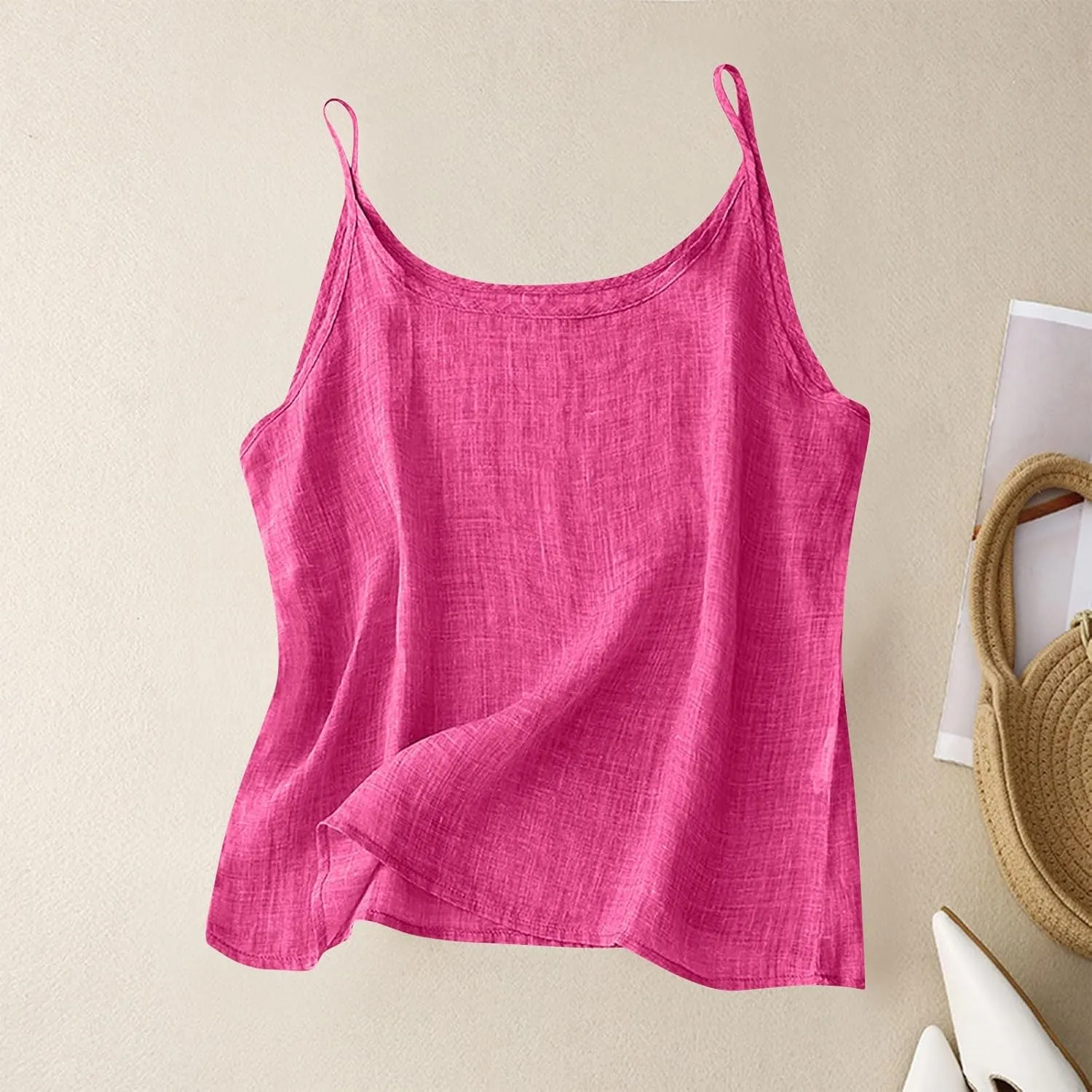 Womens Linen Tank Top Sleeveless Spaghetti Strap Top Casual Solid Color Tops Dressy Fashion Tops Summer Flowy Tank Top
