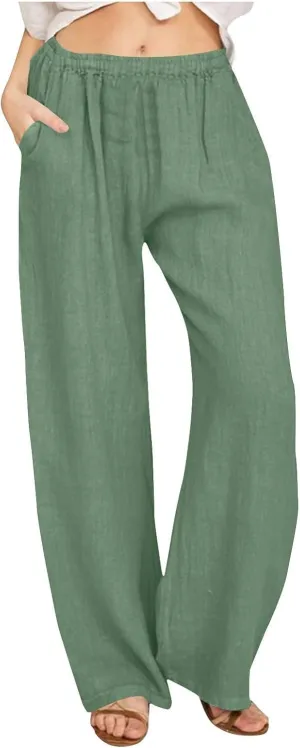 Women's Linen Wide Leg Pants Summer Elastic Waist Lounge Pants Casual Beach Trousers with Comfortable Fit