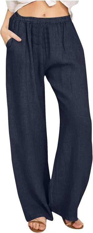Women's Linen Wide Leg Pants Summer Elastic Waist Lounge Pants Casual Beach Trousers with Comfortable Fit