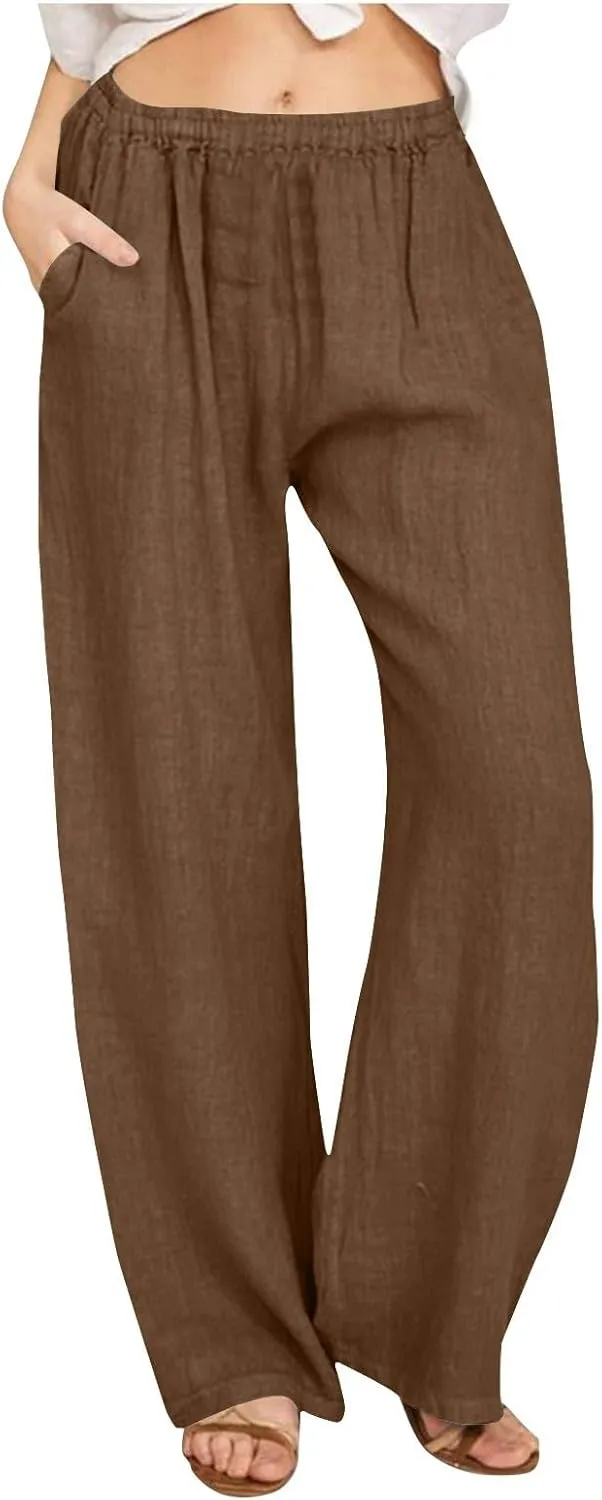 Women's Linen Wide Leg Pants Summer Elastic Waist Lounge Pants Casual Beach Trousers with Comfortable Fit