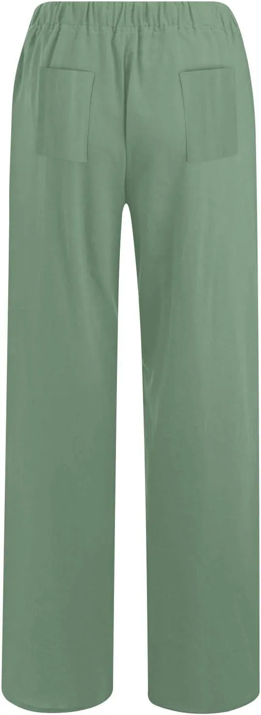 Women's Linen Wide Leg Pants Summer Elastic Waist Lounge Pants Casual Beach Trousers with Comfortable Fit