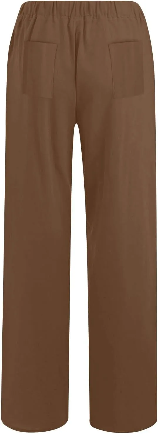 Women's Linen Wide Leg Pants Summer Elastic Waist Lounge Pants Casual Beach Trousers with Comfortable Fit