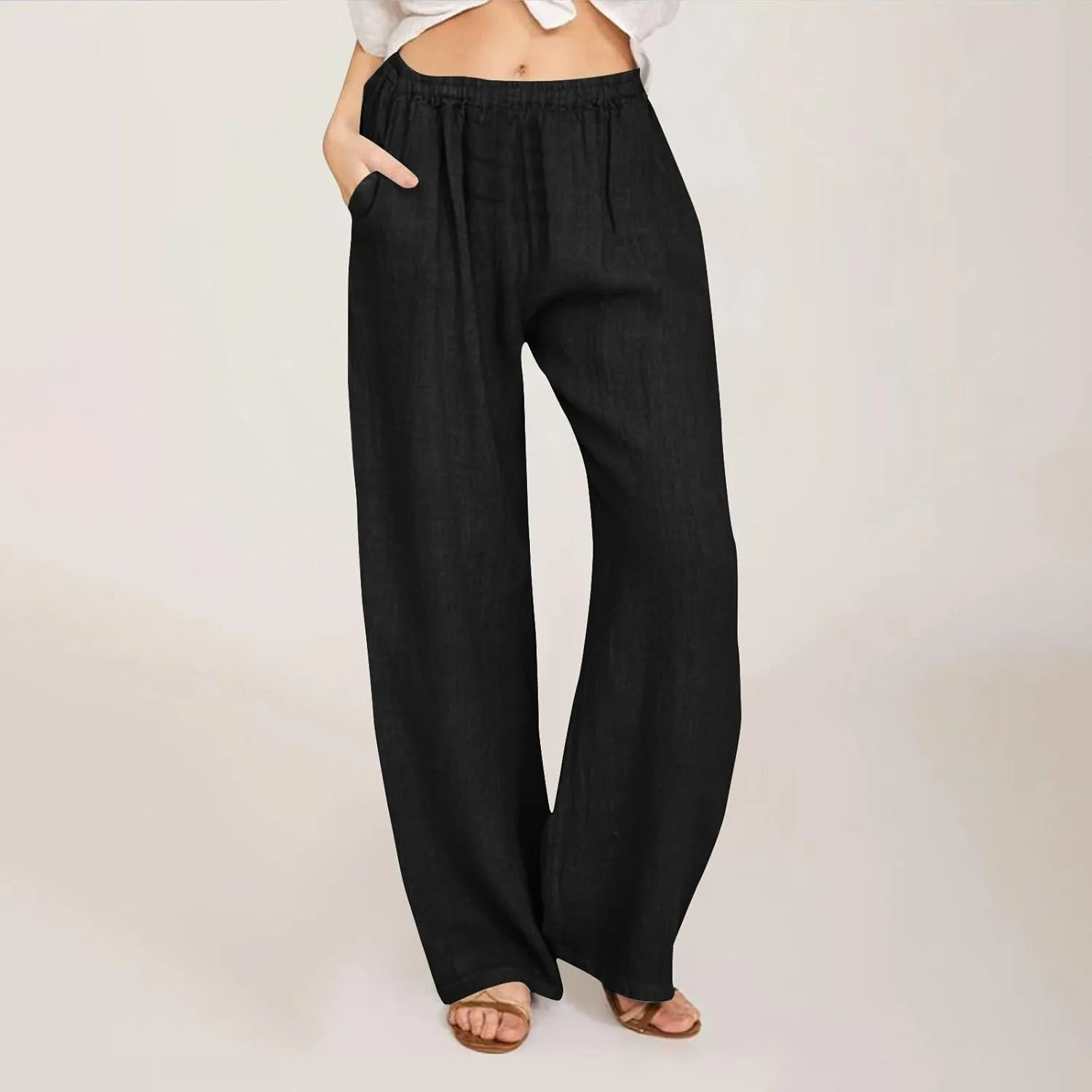 Women's Linen Wide Leg Pants Summer Elastic Waist Lounge Pants Casual Beach Trousers with Comfortable Fit