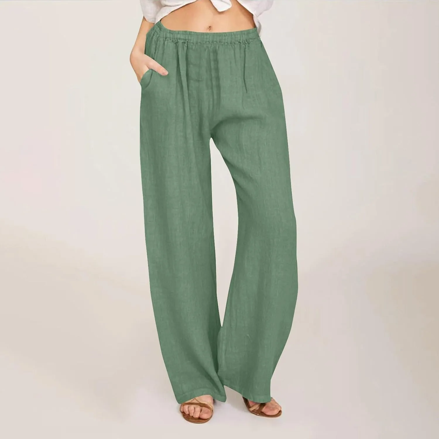 Women's Linen Wide Leg Pants Summer Elastic Waist Lounge Pants Casual Beach Trousers with Comfortable Fit