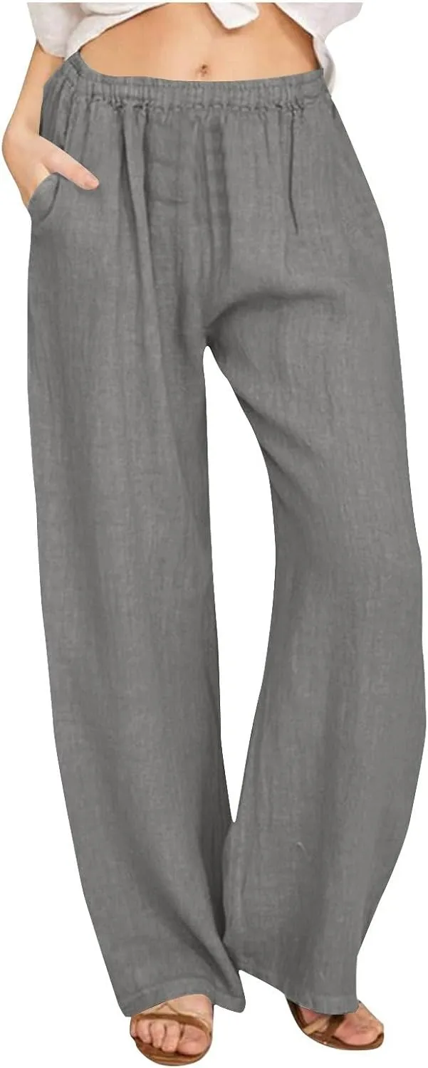 Women's Linen Wide Leg Pants Summer Elastic Waist Lounge Pants Casual Beach Trousers with Comfortable Fit
