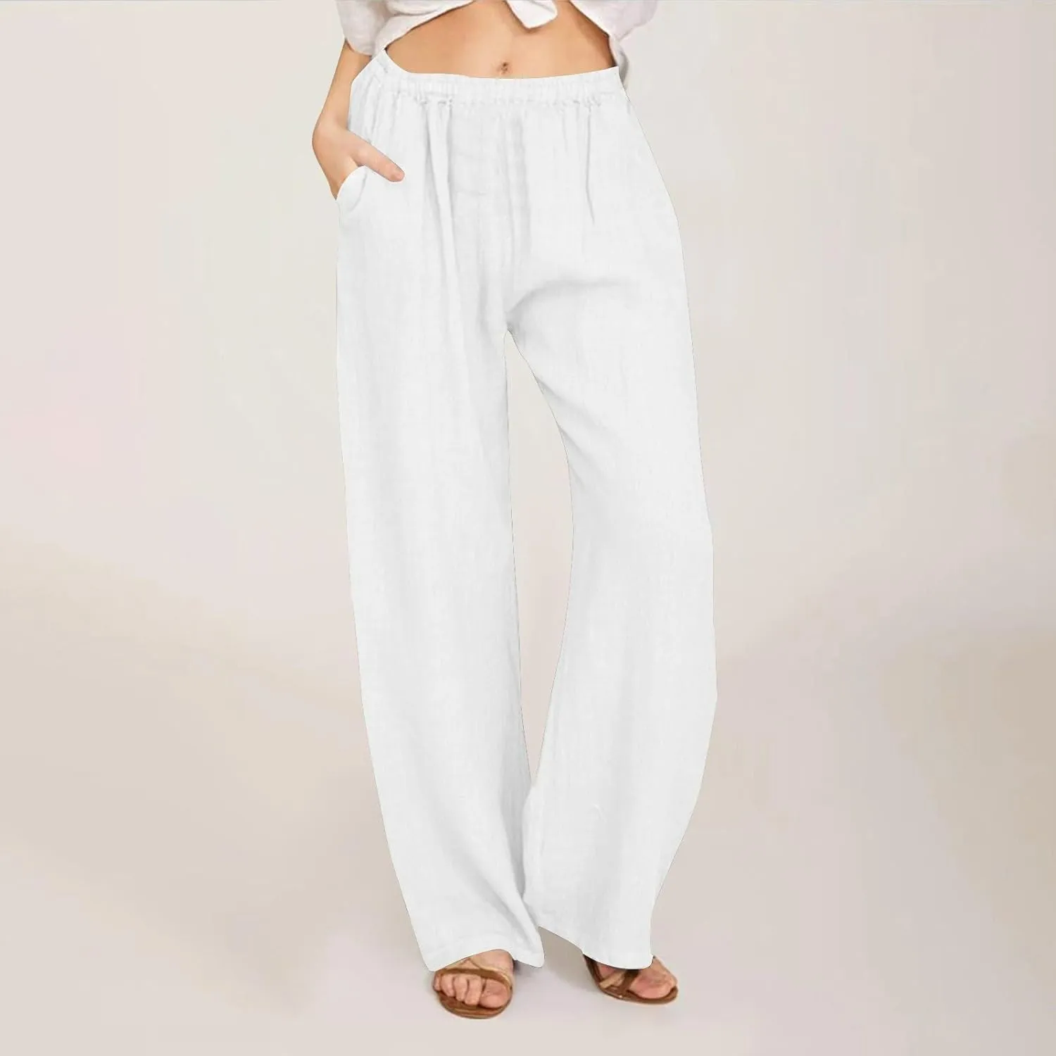 Women's Linen Wide Leg Pants Summer Elastic Waist Lounge Pants Casual Beach Trousers with Comfortable Fit