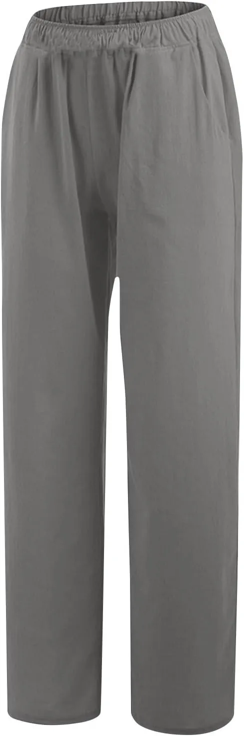 Women's Linen Wide Leg Pants Summer Elastic Waist Lounge Pants Casual Beach Trousers with Comfortable Fit
