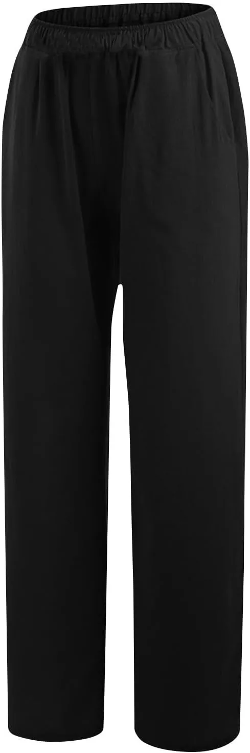 Women's Linen Wide Leg Pants Summer Elastic Waist Lounge Pants Casual Beach Trousers with Comfortable Fit