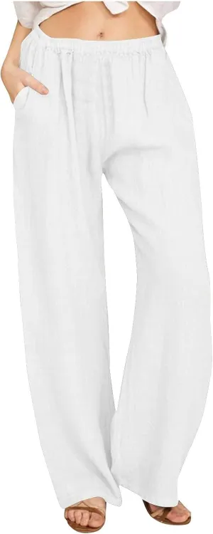 Women's Linen Wide Leg Pants Summer Elastic Waist Lounge Pants Casual Beach Trousers with Comfortable Fit
