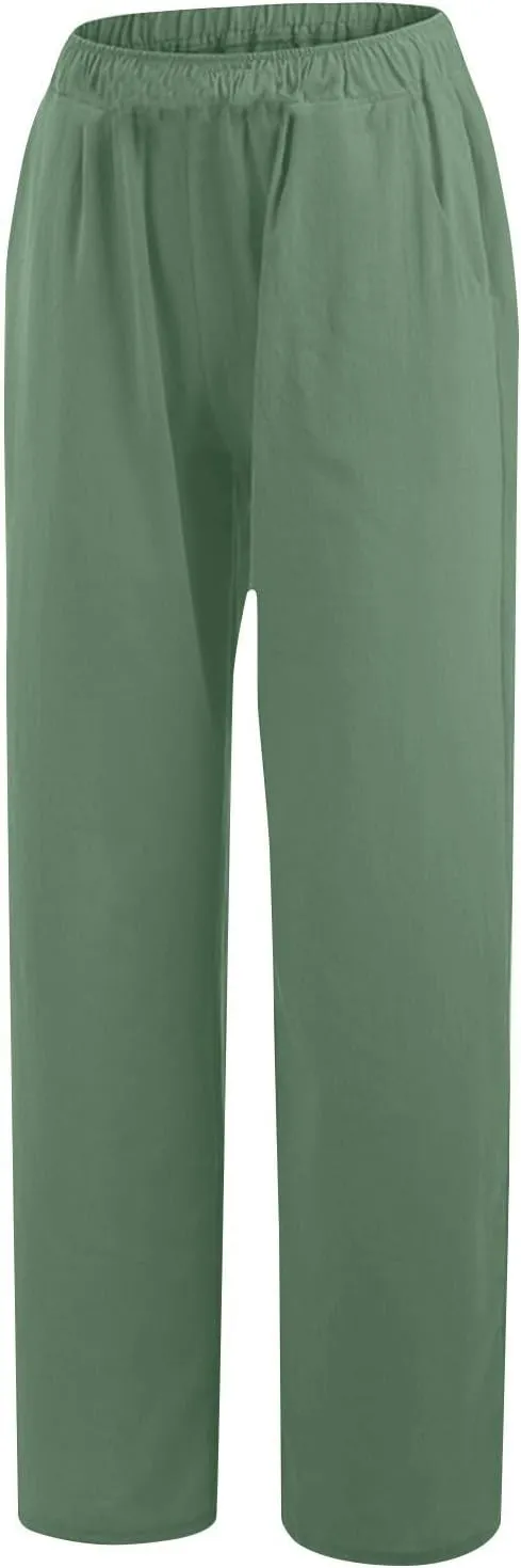 Women's Linen Wide Leg Pants Summer Elastic Waist Lounge Pants Casual Beach Trousers with Comfortable Fit