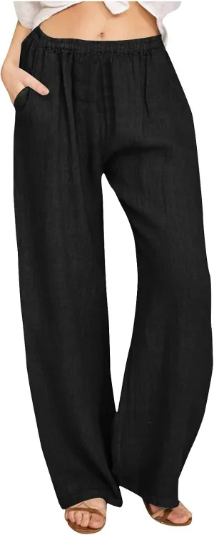 Women's Linen Wide Leg Pants Summer Elastic Waist Lounge Pants Casual Beach Trousers with Comfortable Fit