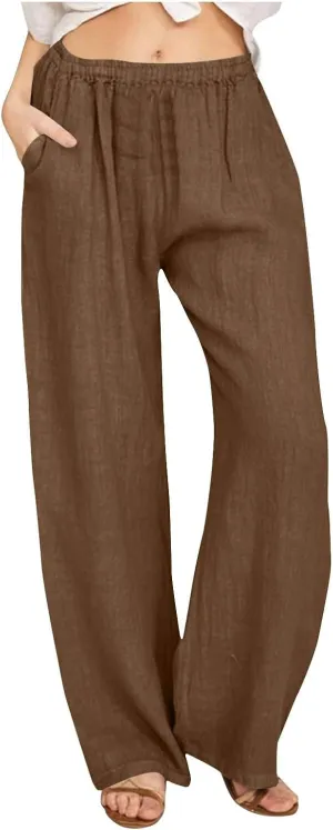 Women's Linen Wide Leg Pants Summer Elastic Waist Lounge Pants Casual Beach Trousers with Comfortable Fit