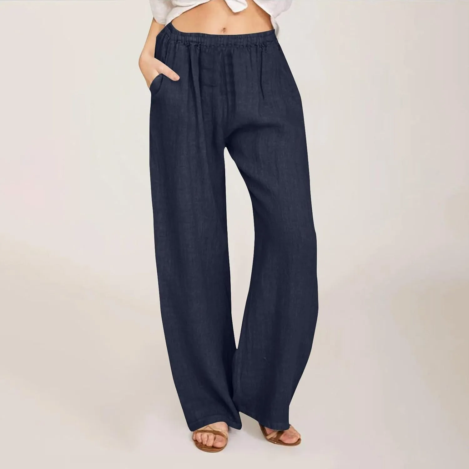 Women's Linen Wide Leg Pants Summer Elastic Waist Lounge Pants Casual Beach Trousers with Comfortable Fit