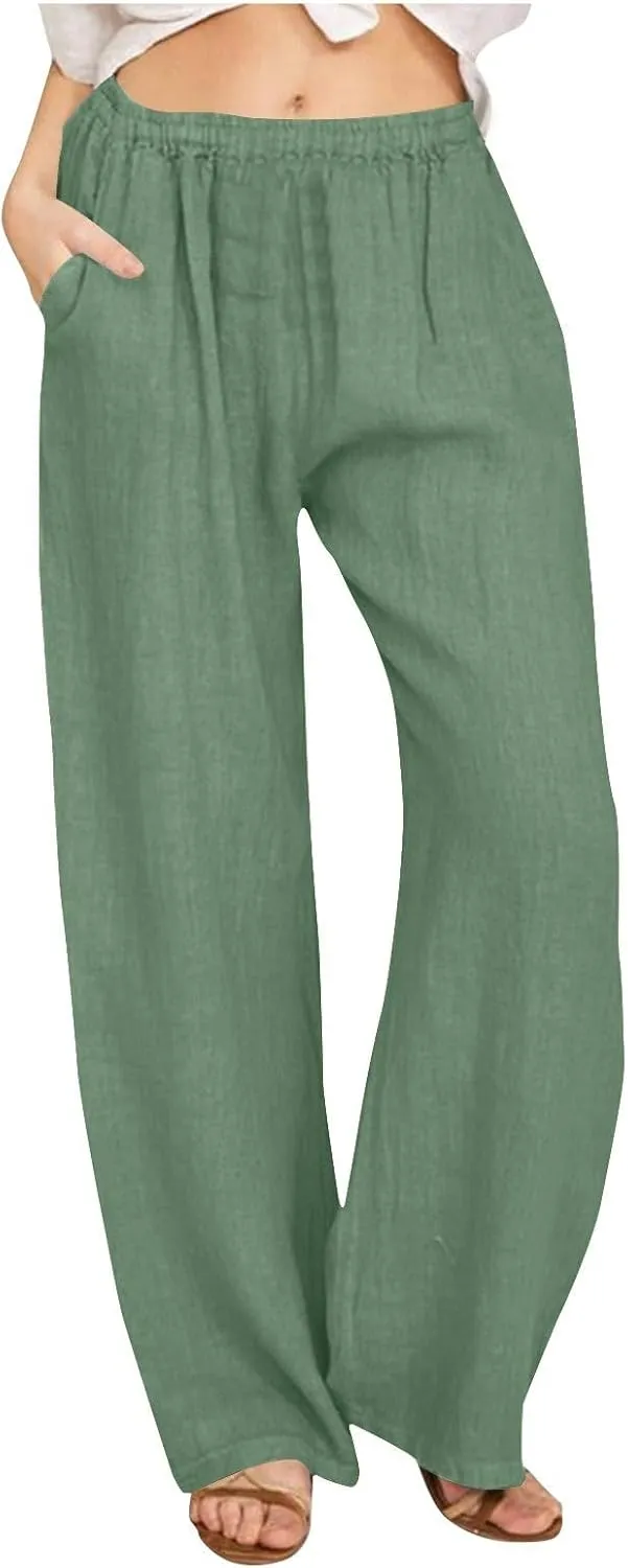 Women's Linen Wide Leg Pants Summer Elastic Waist Lounge Pants Casual Beach Trousers with Comfortable Fit