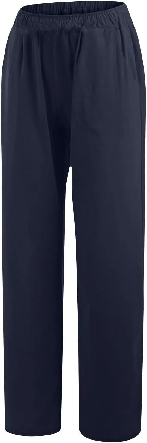 Women's Linen Wide Leg Pants Summer Elastic Waist Lounge Pants Casual Beach Trousers with Comfortable Fit