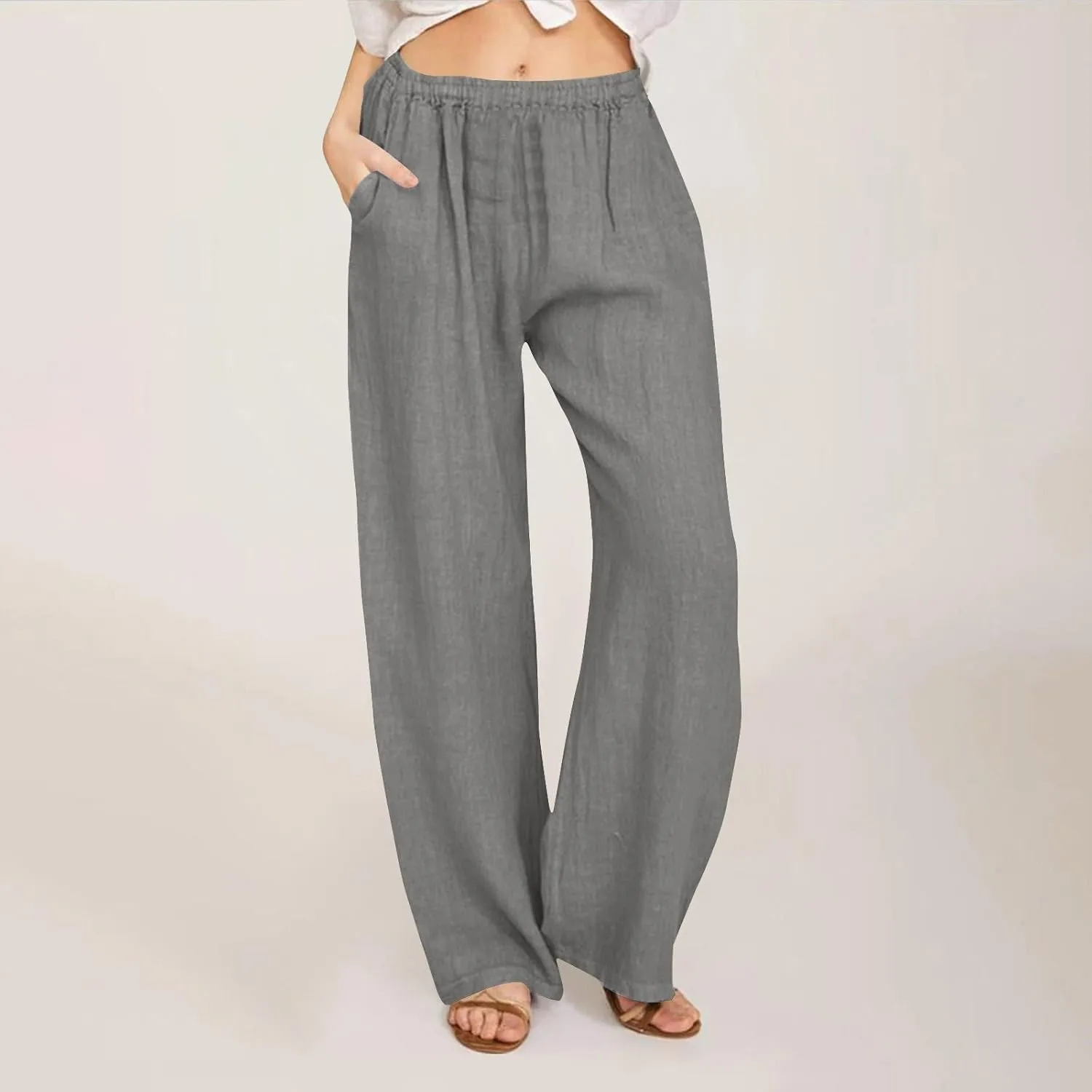 Women's Linen Wide Leg Pants Summer Elastic Waist Lounge Pants Casual Beach Trousers with Comfortable Fit