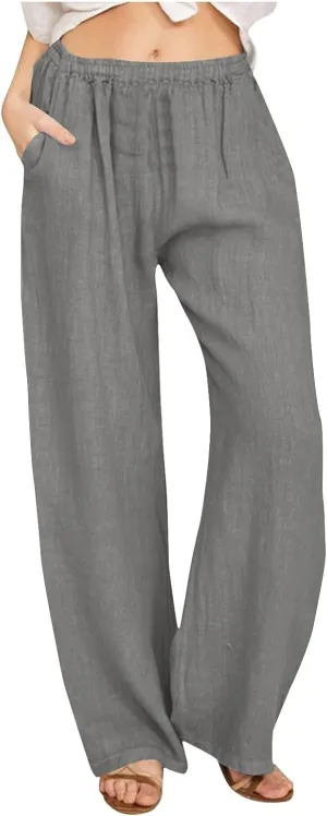 Women's Linen Wide Leg Pants Summer Elastic Waist Lounge Pants Casual Beach Trousers with Comfortable Fit