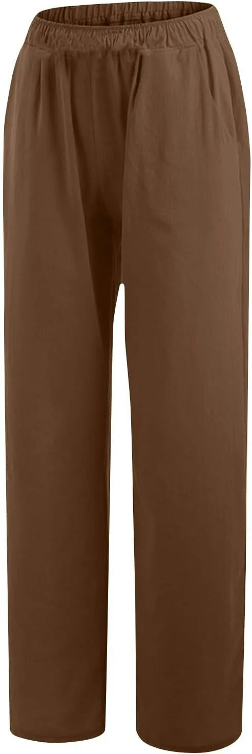 Women's Linen Wide Leg Pants Summer Elastic Waist Lounge Pants Casual Beach Trousers with Comfortable Fit