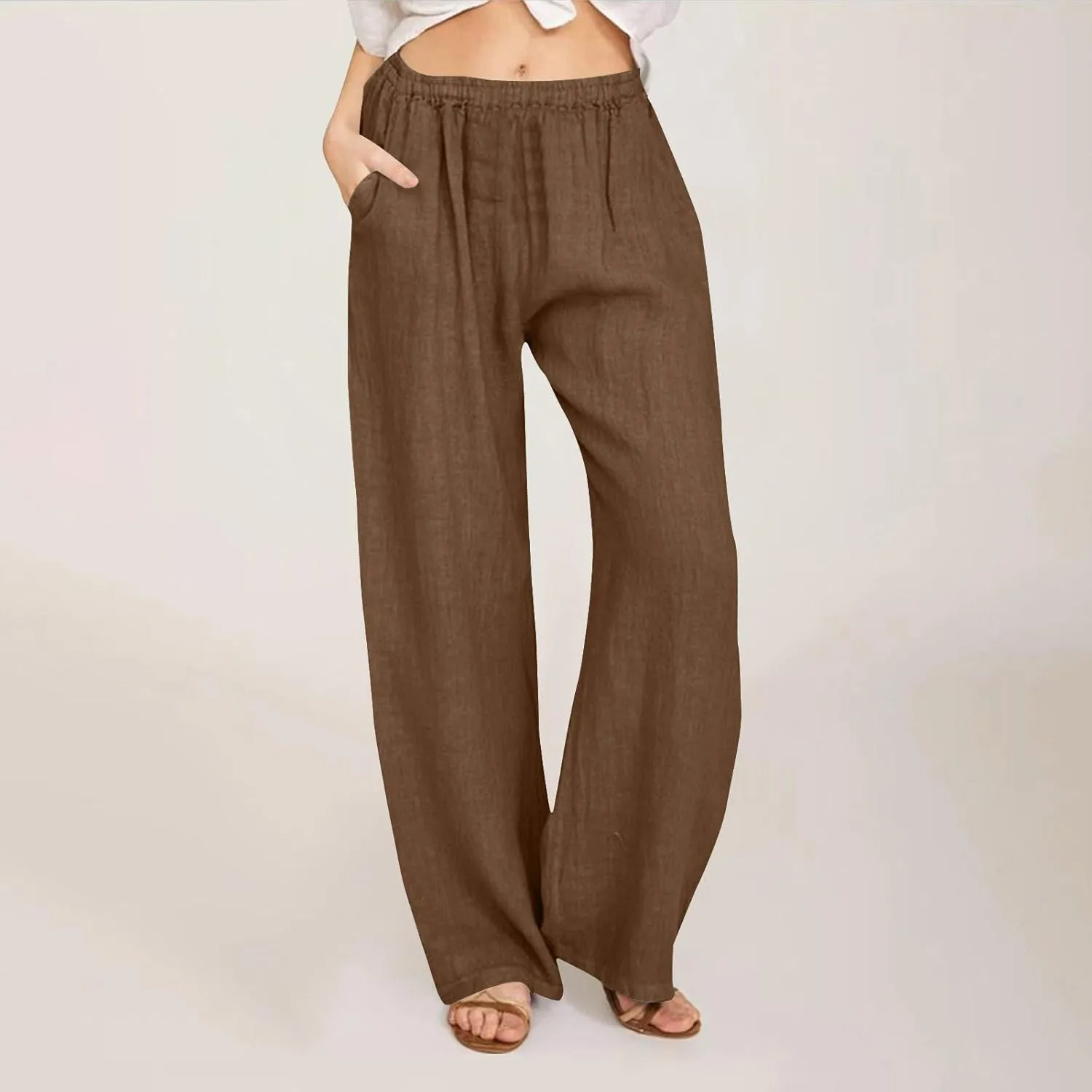 Women's Linen Wide Leg Pants Summer Elastic Waist Lounge Pants Casual Beach Trousers with Comfortable Fit