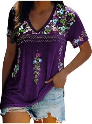 Women's Mexican Embroidered Shirt Ladies Ethnic Style Tops Summer Short Sleeve Boho Floral Print Tunics Blouse