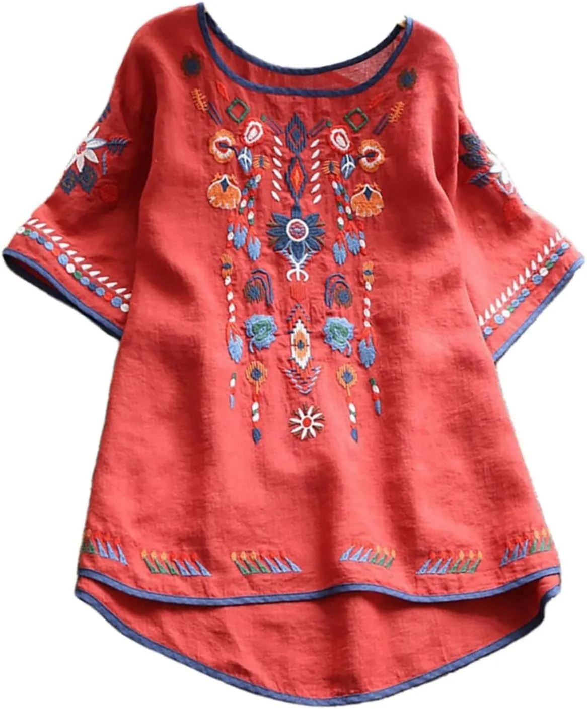 Womens Mexican Peasant Blouses Short Sleeve Embroidered Tunic Floral Cotton Linen Tops Boho Bohemian Trendy Clothes