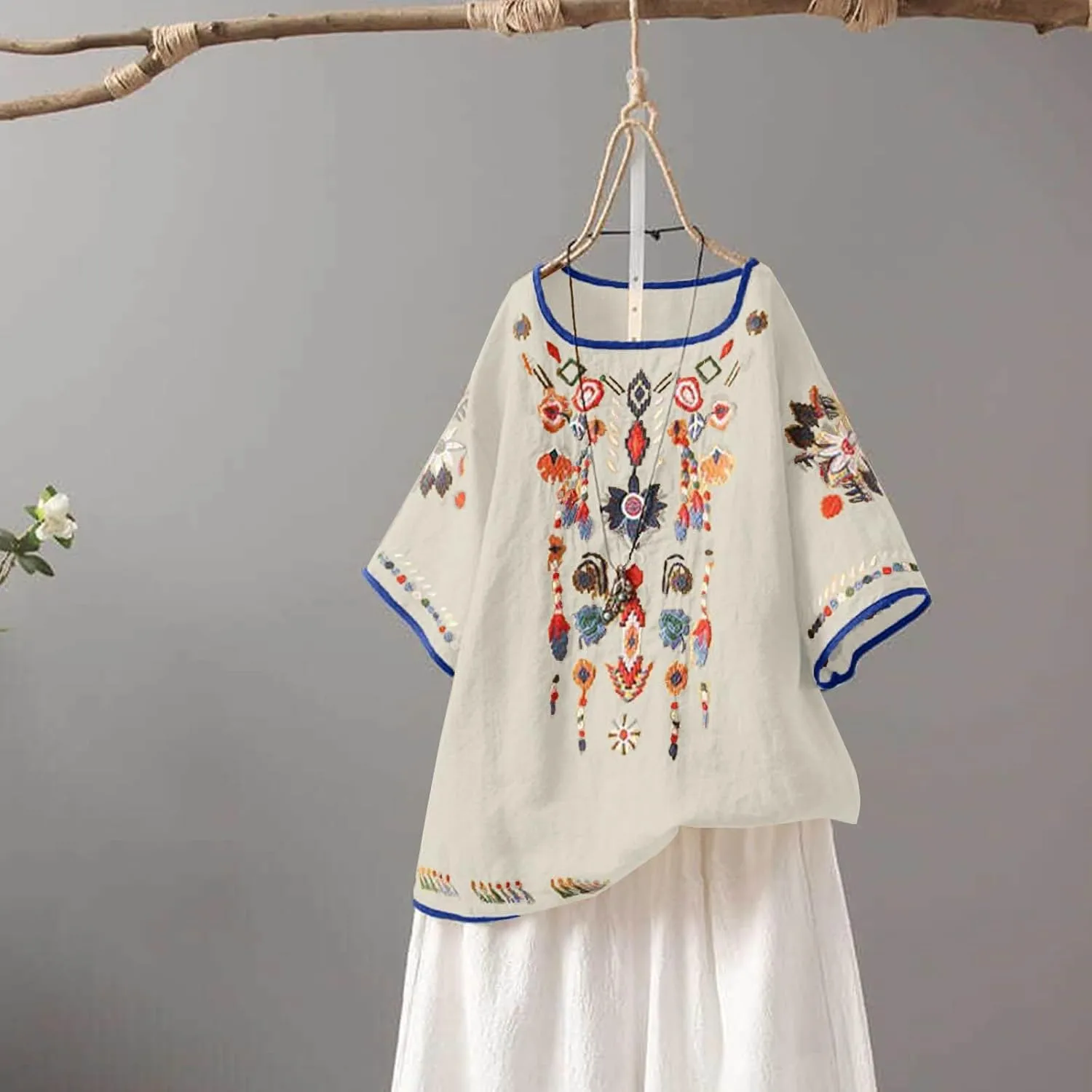 Womens Mexican Peasant Blouses Short Sleeve Embroidered Tunic Floral Cotton Linen Tops Boho Bohemian Trendy Clothes