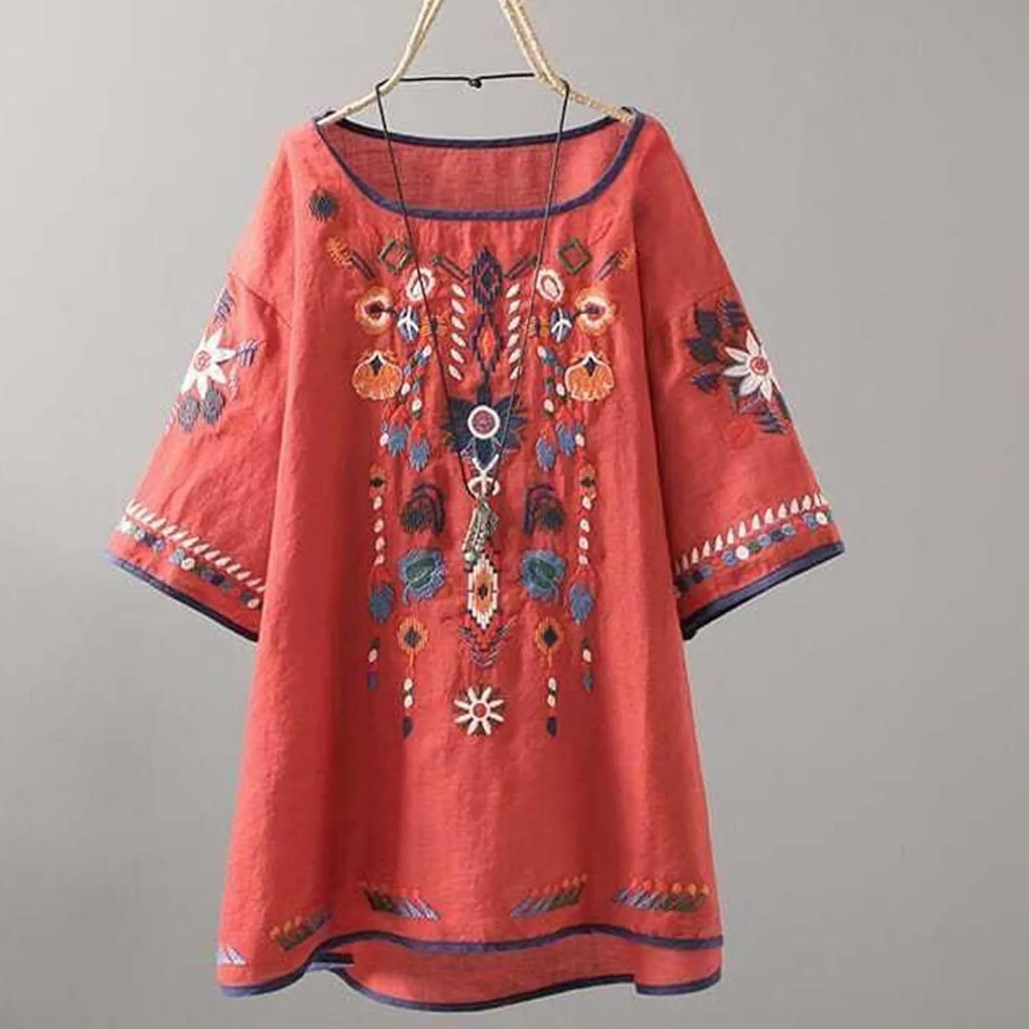 Womens Mexican Peasant Blouses Short Sleeve Embroidered Tunic Floral Cotton Linen Tops Boho Bohemian Trendy Clothes