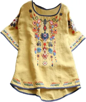 Womens Mexican Peasant Blouses Short Sleeve Embroidered Tunic Floral Cotton Linen Tops Boho Bohemian Trendy Clothes