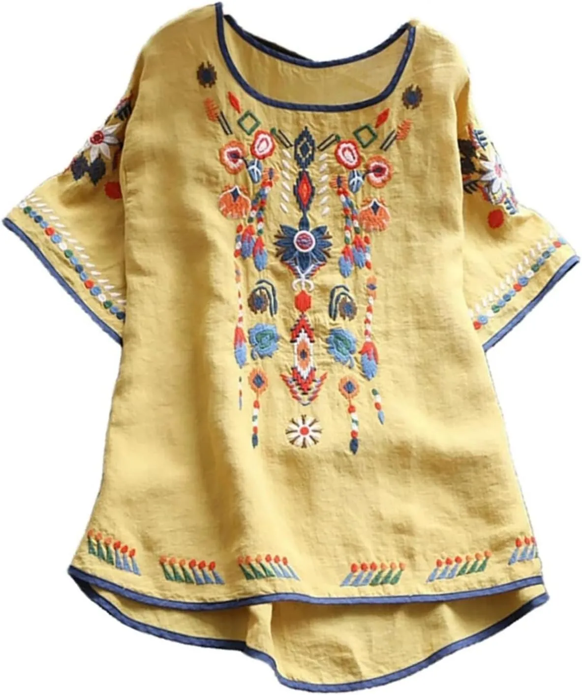 Womens Mexican Peasant Blouses Short Sleeve Embroidered Tunic Floral Cotton Linen Tops Boho Bohemian Trendy Clothes