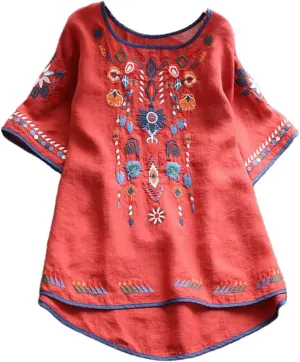 Womens Mexican Peasant Blouses Short Sleeve Embroidered Tunic Floral Cotton Linen Tops Boho Bohemian Trendy Clothes