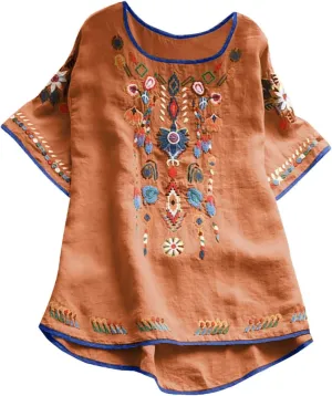 Womens Mexican Peasant Blouses Short Sleeve Embroidered Tunic Floral Cotton Linen Tops Boho Bohemian Trendy Clothes