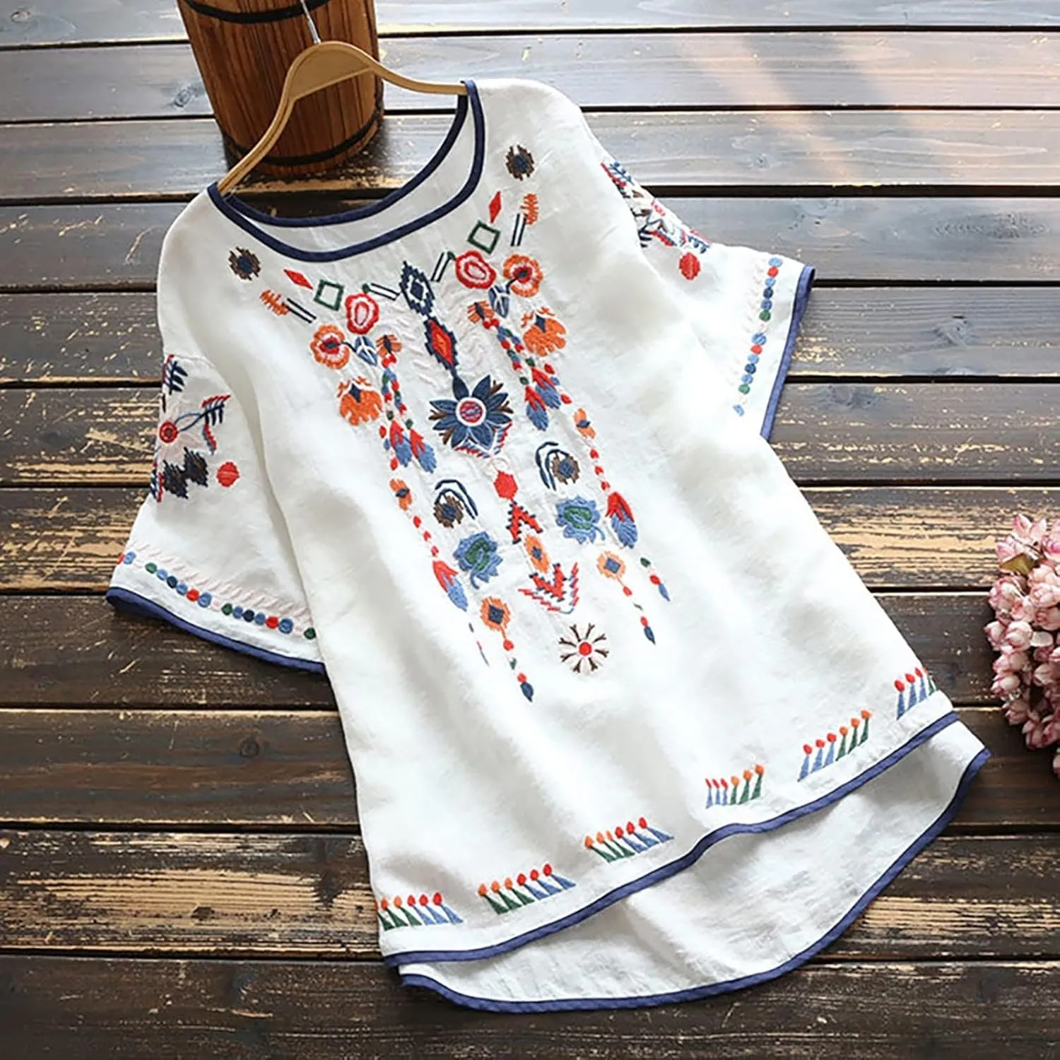 Womens Mexican Peasant Blouses Short Sleeve Embroidered Tunic Floral Cotton Linen Tops Boho Bohemian Trendy Clothes