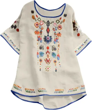 Womens Mexican Peasant Blouses Short Sleeve Embroidered Tunic Floral Cotton Linen Tops Boho Bohemian Trendy Clothes