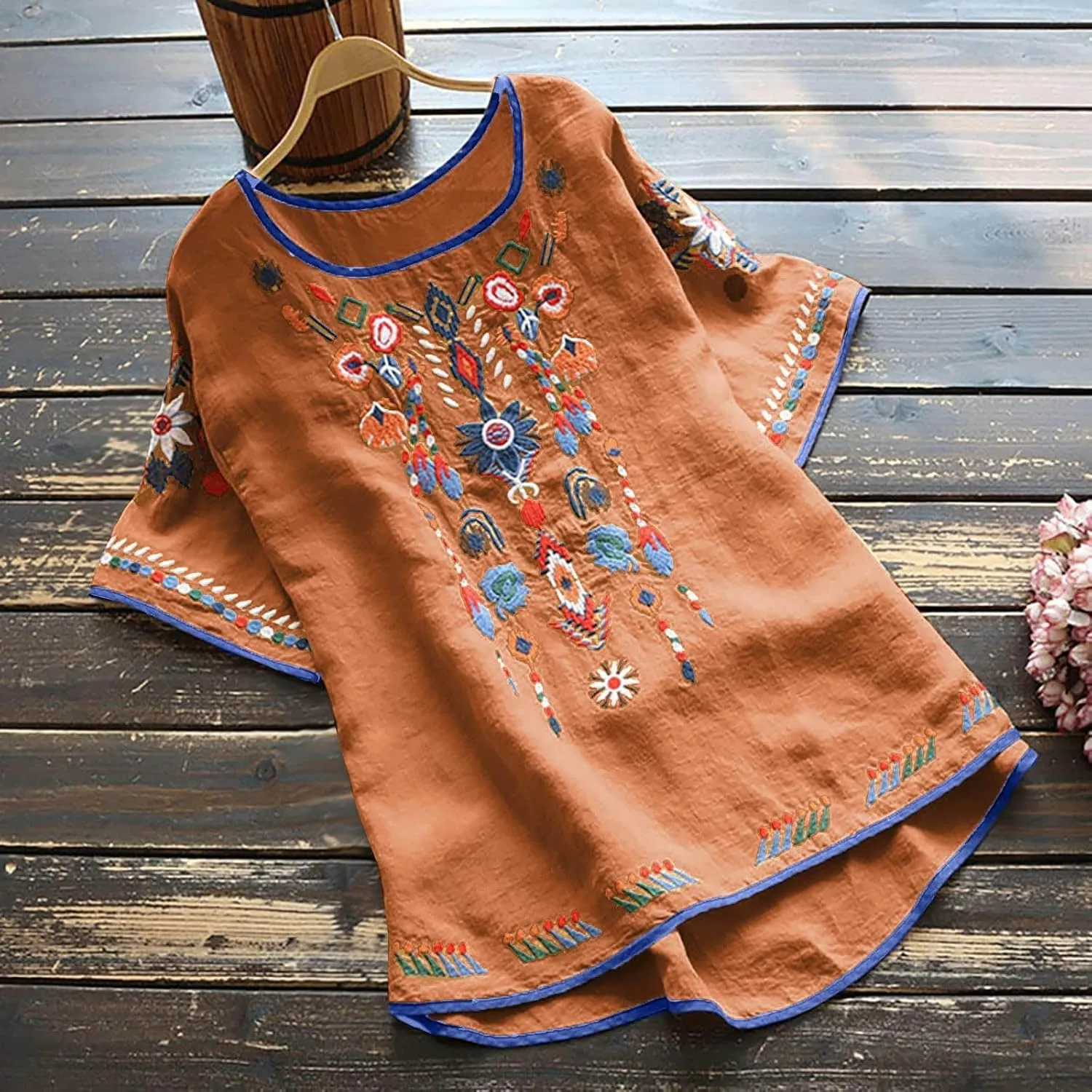 Womens Mexican Peasant Blouses Short Sleeve Embroidered Tunic Floral Cotton Linen Tops Boho Bohemian Trendy Clothes
