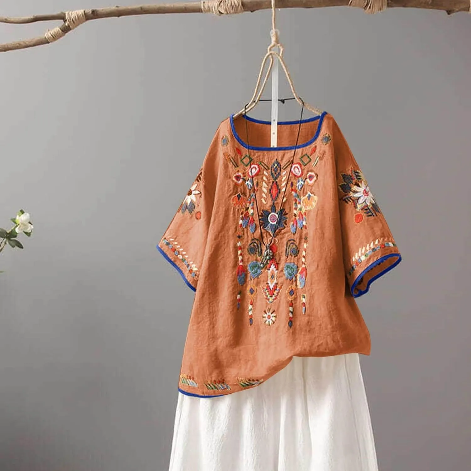 Womens Mexican Peasant Blouses Short Sleeve Embroidered Tunic Floral Cotton Linen Tops Boho Bohemian Trendy Clothes