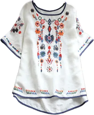 Womens Mexican Peasant Blouses Short Sleeve Embroidered Tunic Floral Cotton Linen Tops Boho Bohemian Trendy Clothes