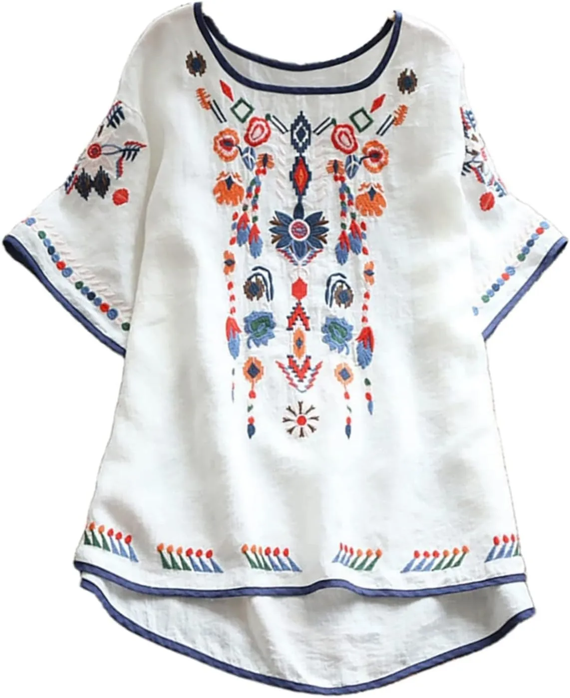 Womens Mexican Peasant Blouses Short Sleeve Embroidered Tunic Floral Cotton Linen Tops Boho Bohemian Trendy Clothes